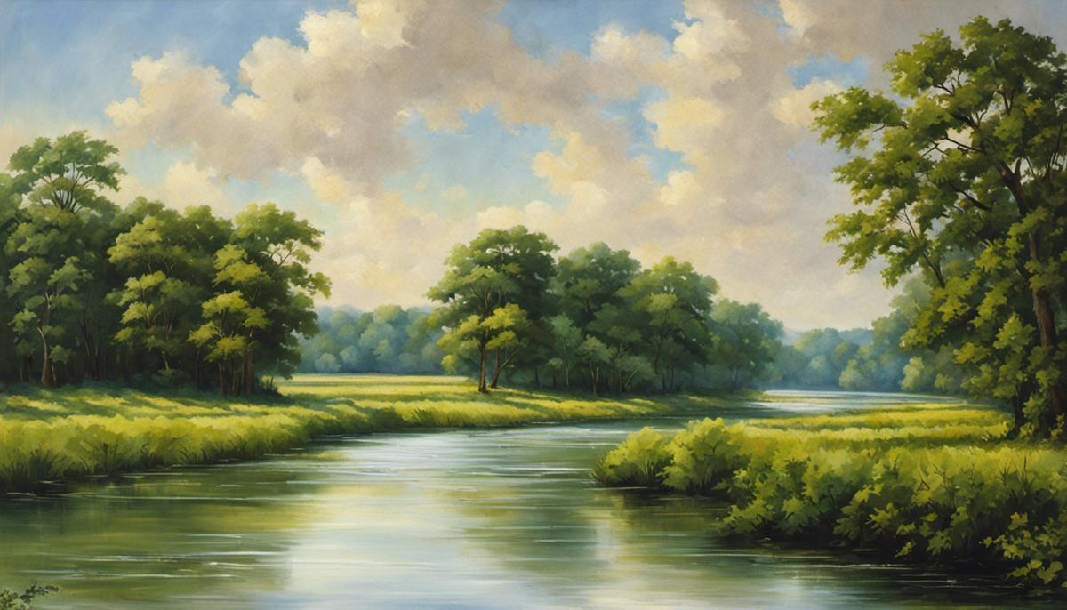 A scenic view of the Tallahatchie River, with lush green trees lining its banks and flowing water.