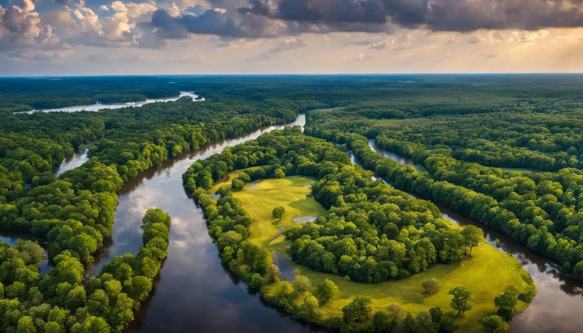 Aerial view of the Tallahatchie River winding through the diverse landscapes of Mississippi